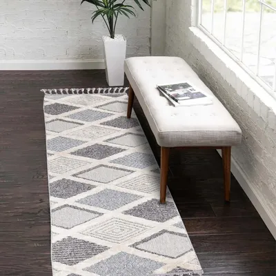 Produktbild von Teppich-Läufer Flur Boho-Stil Graublau, Creme - 80x300 cm - Rauten-Look - Relief-Optik, 3D-Effekt