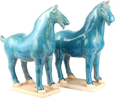 Image de Fine Asianliving Cheval chinois dynastie Tang Céramique fait main bleu Set/2 L8xP14xH26cm