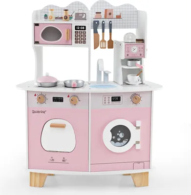 Produktbild von GOPLUS Kinderküche Holz, Spielküche mit Waschmaschine und Kaffeemühle, süßem Kochzubehör, Kochspielzeug-Set mit 15 TLG, Rosa