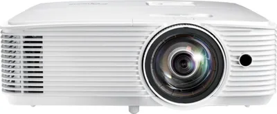 A front view of a white Optoma projector.