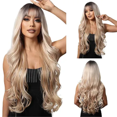 Produktbild von 75cm Natürliche Lange Gewellt Lockig Wellig mit Pony, Ombre Haar Synthetische Perücken für Frauen,Goldbraun