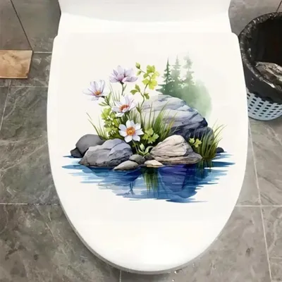 Produktbild von GKA WC-Deckel Aufkleber Natur Toilettendeckel Tattoo selbstklebend Toilette - weiße Blumen auf Stein