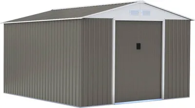 Produktbild von Habitat et Jardin Gartenhaus Stahl Taupe Dallas, Außenfläche 12,99 m², Außenmaße (LxBxH) 372x330x210 cm, 2 Schiebetüren, 4 Lüftungsgitter
