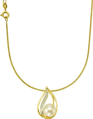 Zdjęcie produktu dla Złoty naszyjnik Orolino 585 z białą perłą 9,5-10mm i 10 diamentami o łącznej masie 0,04ct.