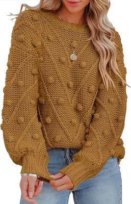 Image de ASKSA Pulls Femme Col rond Pompons Tricotés En vrac Pull uni Sweat uni, Kaki, S