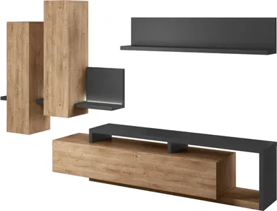 Produktbild von Furniture24 Wohnwand Bota 09 Schrankwand Hängeschrank Lowboard Hängeregal Stilvoll Wohnzimmer-Set Mediawand Ribbec Eiche/Anthrazite