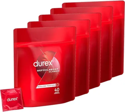 Produktbild von Durex Gefühlsecht Classic Kondome – Perfekter Sitz & leichtes Abrollen – Dünn, befeuchtet, transparent, angenehmer Geruch – 200er Pack (5 x 40 Stück)