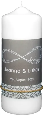 Produktbild von Hochzeitskerze "Ewigkeitssymbol" 220 x 80 mm mit individueller Namensverzierung aus Wachsbuchstaben