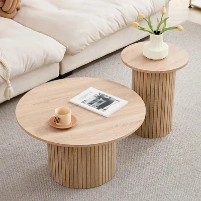 Produktbild von Set aus 2 runden Couchtischen im skandinavischen Stil mit Holzoptik