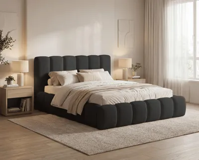 Obrázok produktu pre Postel s čalúneným rámom 180x200 Aurelis s kovovým roštom - penová posteľ v oblakovom dizajne, látka bouclé - čierna, Obrázok generovaný UI