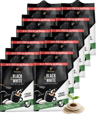 Zdjęcie produktu dla Tchibo – opakowanie zbiorcze kapsułek z kawą Maxipack, BLACK & WHITE, 432 sztuki – 12 x 36 kapsułek (kawa mocna o intensywnym smaku), ekologiczne, przeznaczone do ekspresów Senseo