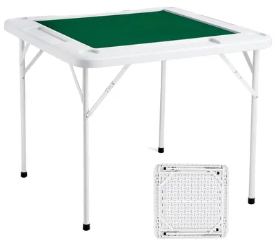 Produktbild von VEVOR Mahjong-Tisch, quadratischer Klapptisch für 4 Spieler mit 4 Becherhaltern & 4 Chip-Schalen, tragbarer Dominotisch mit 1 Set Dominosteinen für Mahjong Poker Puzzles, 90 x 90 cm, Weiß, Faltbarer Mahjong-Tisch, Weiß-a