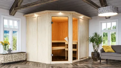 Produktbild von Karibu Sauna Innensauna Fiona 3 Eckeinstieg ohne Zubehör 245x210x202 cm mit Dachkranz