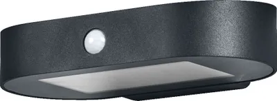 A product shot of an outdoor LED light fixture with a motion sensor.