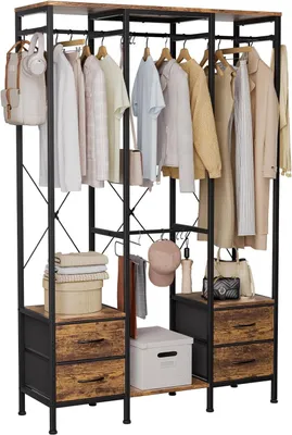 Image de Armoire ouverte - Penderie avec structure en acier - 3 étagères et 4 tiroirs - Couleur marron rustique