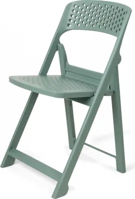 A studio shot of a green folding chair against a white background.