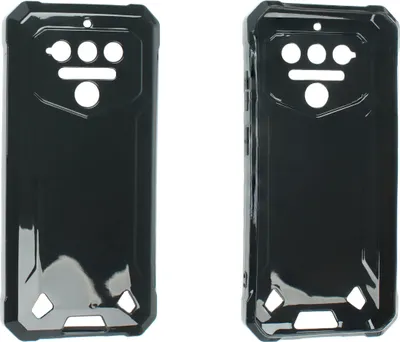 Two black phone cases are shown side-by-side against a white background.