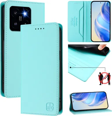 Produktbild von Lederhülle für Xiaomi 14 Pro/Xiaomi 14 Pro Hülle Flip Brieftasche Kartenfächern Ständer Schutzhülle Türkis