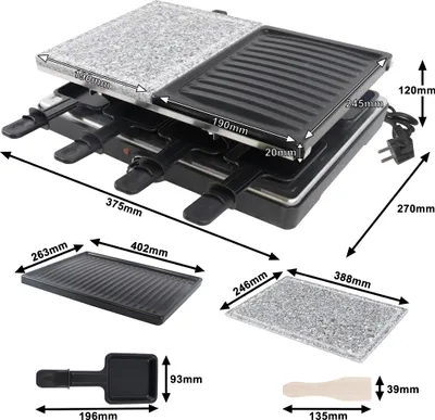 Obrázok produktu pre XINZI 1400W Raclette Grill – stolný gril pre 8 osôb, kamenná doska/grilovacia doska, 8 panvíc + drevená lopatka, plynule nastaviteľná teplota pre rodinné stolovanie
