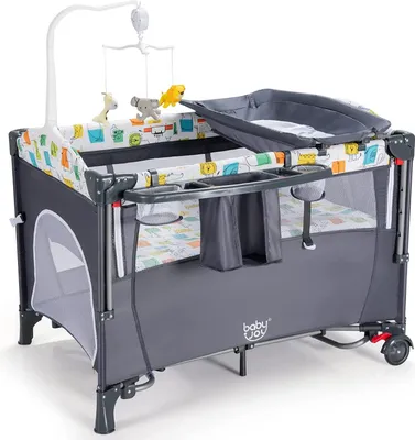 Produktbild von GOPLUS Baby Reisebett, Kinderreisebett mit Matratze und Windelhalter auf Rollen, Babybett mit Seiteneingang Tragetasche, Spielzeugständer und Spieluhr