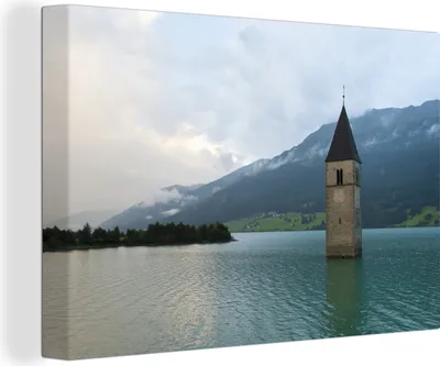 Produktbild von OneMillionCanvasses® - Leinwandbilder - 140x90 cm, Uhrenturm in einem See eingetaucht, Wandbilder Kunstdruck Wanddekoration