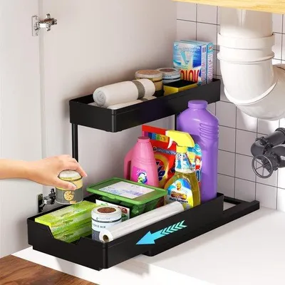 Image de Étagère double pour lavabo avec 4 crochets, pour la cuisine et la salle de bains