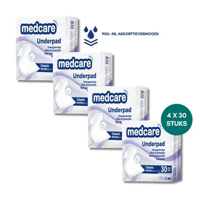Obrázek produktu pro Medcare podložky Plus – 60 x 90 cm – 120 kusů (4 x 30) – vysoká savost a ochrana +900 ml – jednorázové