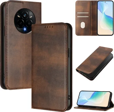Immagine prodotto di Custodia per Realme 14 Pro, custodia in pelle vintage con protezione RFID, slot per carte, supporto Marrone