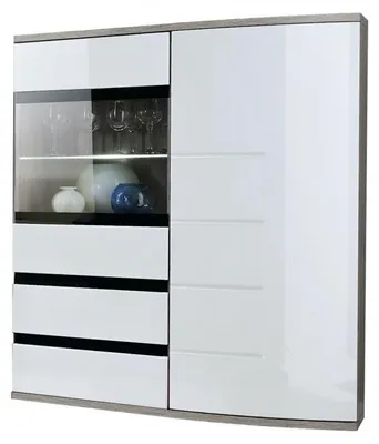Image de Commode avec porte vitrée -  Ontario I - L 100 cm x P 36 cm x H 165 cm - Blanc et gris