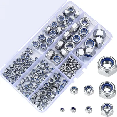 Produktbild von 200 Stück Sicherungsmuttern Sortiment, Edelstahl Selbstsichernde Muttern, M3 M4 M5 M6 M8 M10 M12 Gewindeeinsätze Sechskantmuttern Set, Verschiedene Nylon-Sicherungsmuttern