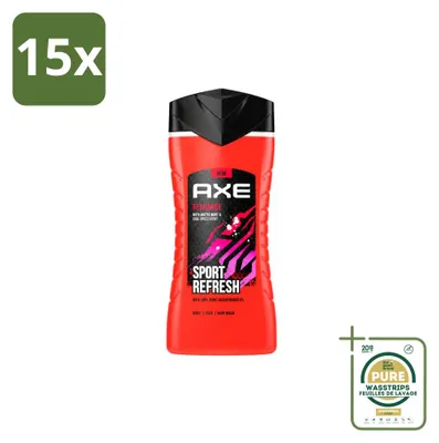 Imagen del producto de 15 unidades de gel de ducha refrescante AXE Sport, 250 ml cada uno. Paquete de suministro