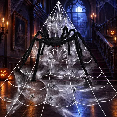 Productafbeelding van Spinnenweb Halloween-decoratie - 7 x 5,5 m - Driehoekig spinnenweb + 20 mini-spinnen + 90 cm grote - Feestdecoraties