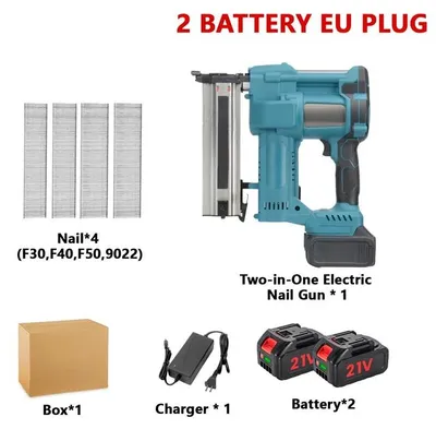 Image de Cloueur et agrafeuse 2-en-1 - Cloueur sans fil à batterie, sans balais - 18V, sans fil - Pour meubles et bricolage - Pour clous et agrafes - 2 batteries, alimentation secteur EU