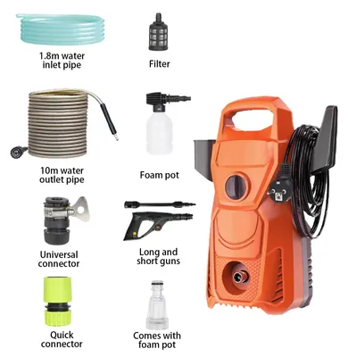 Produktbild von Elektrischer Hochdruckreiniger - 1500W Hochdruckwasserstrahler - 135 bar - 5,6 l/min Fördermenge - 10 m Schlauch - Verstellbare Düse - EU-Stecker - Orange