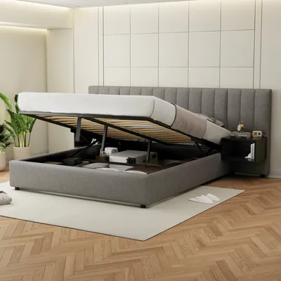 Produktbild von Flieks Polsterbett 160x200cm mit 2 Nachttisch, Hydraulisches Boxspringbett Doppelbett mit Lattenrost, Holzbett Stauraumbett mit Stauraum, Leinen, Grau