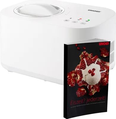 Die Unold Eismaschine Snow inklusive Eisbuch 1 L, eine weiße Eismaschine mit Bedienknöpfen und Kontr