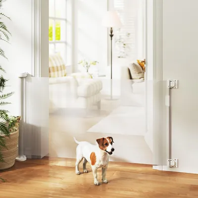 Produktbild von Treppenschutzgitter ausziehbar, Türschutzgitter Hund, Hundeschutzgitter Netz, Weiß | 0–136 cm Breite | 87 cm Hoch | ohne Schwelle