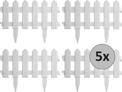 A set of white picket fence sections arranged in two rows on a white background.
