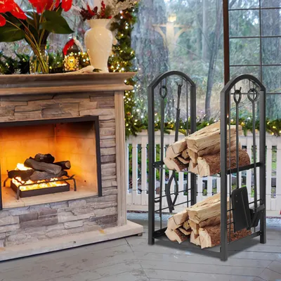 Immagine prodotto di Bettizia porta legna da ardere Porta legna con set di 4 accessori per legna da ardere Ausilio per l'accatastamento Porta legna da giardino