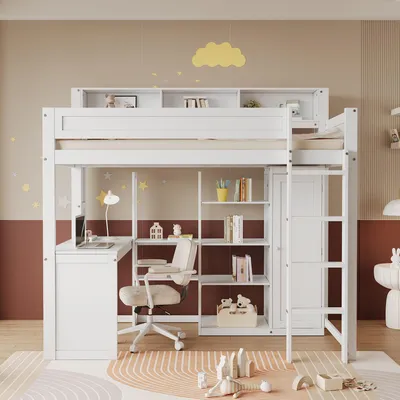 Productafbeelding van Stapelbed van 90x200 cm met bureau en garderobekast, kinderbed met valbeveiligingsrek, planken, een vierkante ladder en geïntegreerde opbergruimte, wit