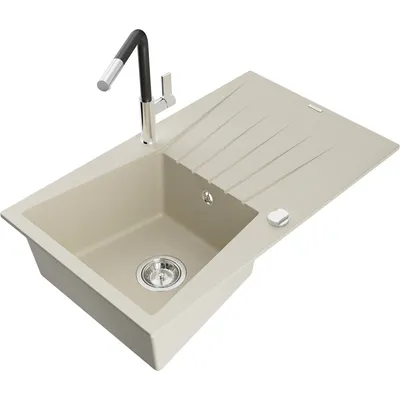 Obrázek produktu pro Mexen Cesar 1-miskový granitový dřez s odkapávačem a kuchyňskou baterií Flora, Béžová - 6514-69-670401-07