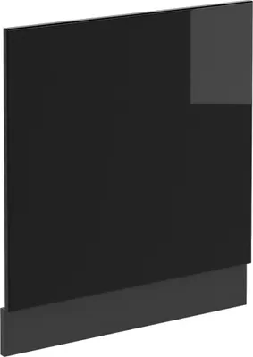 A black high-gloss kitchen cabinet front panel with a matte anthracite plinth.