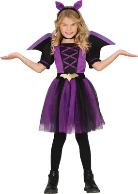 Imagen del producto de Disfraces de Halloween de murciélago: alas moradas, diadema, vestido. Diseño creativo e impresionante. Ideal para fiestas infantiles, fiestas de Halloween, disfraces de carnaval. Incluye alas, diadema y vestido. Talla: 98/104. Color: morado