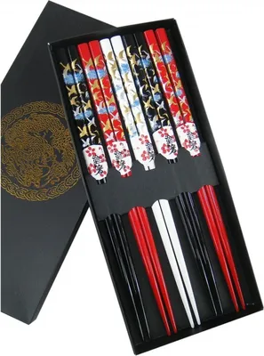 Produktbild von [ 5 Paar ] Essstäbchen Geschenkset [ Design KRANICH ] aus Bambus, lackiert / Chopsticks