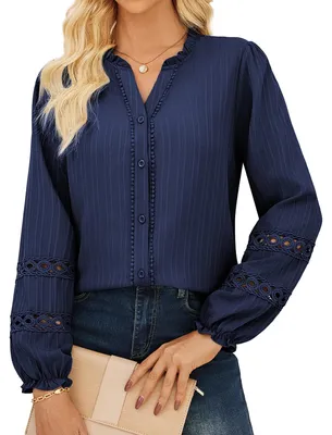 Productafbeelding van Elegante Blouse met Lange Mouwen - V-hals en Knopen - Donkerblauw
