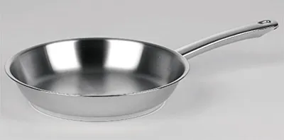 A stainless steel frying pan is shown against a light gray background.