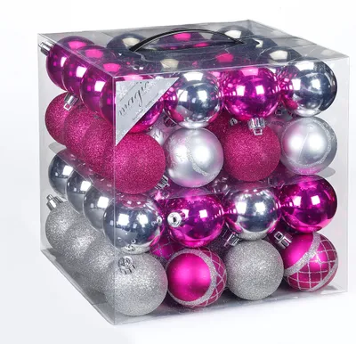 Produktbild von 64x Kunststoff Christbaumkugeln Ø 6cm Kugel Box Glanz Glitzer Matt Nachbildung Inge inkl. Aufhänger, Farbe:Pink-Silber