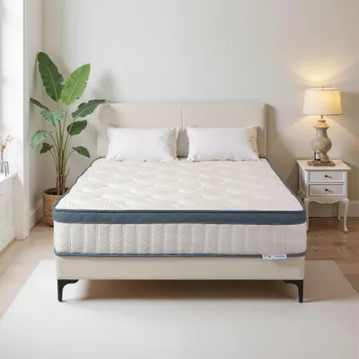 A mattress on a bed frame in a bedroom setting.