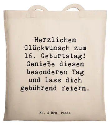 Produktbild von Mr. & Mrs. Panda Tote Bag Spruch 16. Geburtstag - Transparent - Geschenk, Happy Birthday, Träume, Schultasche, Geburtstagsgeschenk, Wünsche, Tragetasche, Jutebeutel