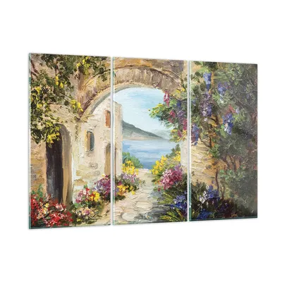 Produktbild von Bilder auf glas - 3 Teile - Haus Santorini Blumen - 165x110cm - Glasbilder - Wandbilder - Bilder - zum Aufhängen bereit - Wanddekoration aus Glas - Glas Bilder - Wandbild auf Glas - GCE165x110-4191